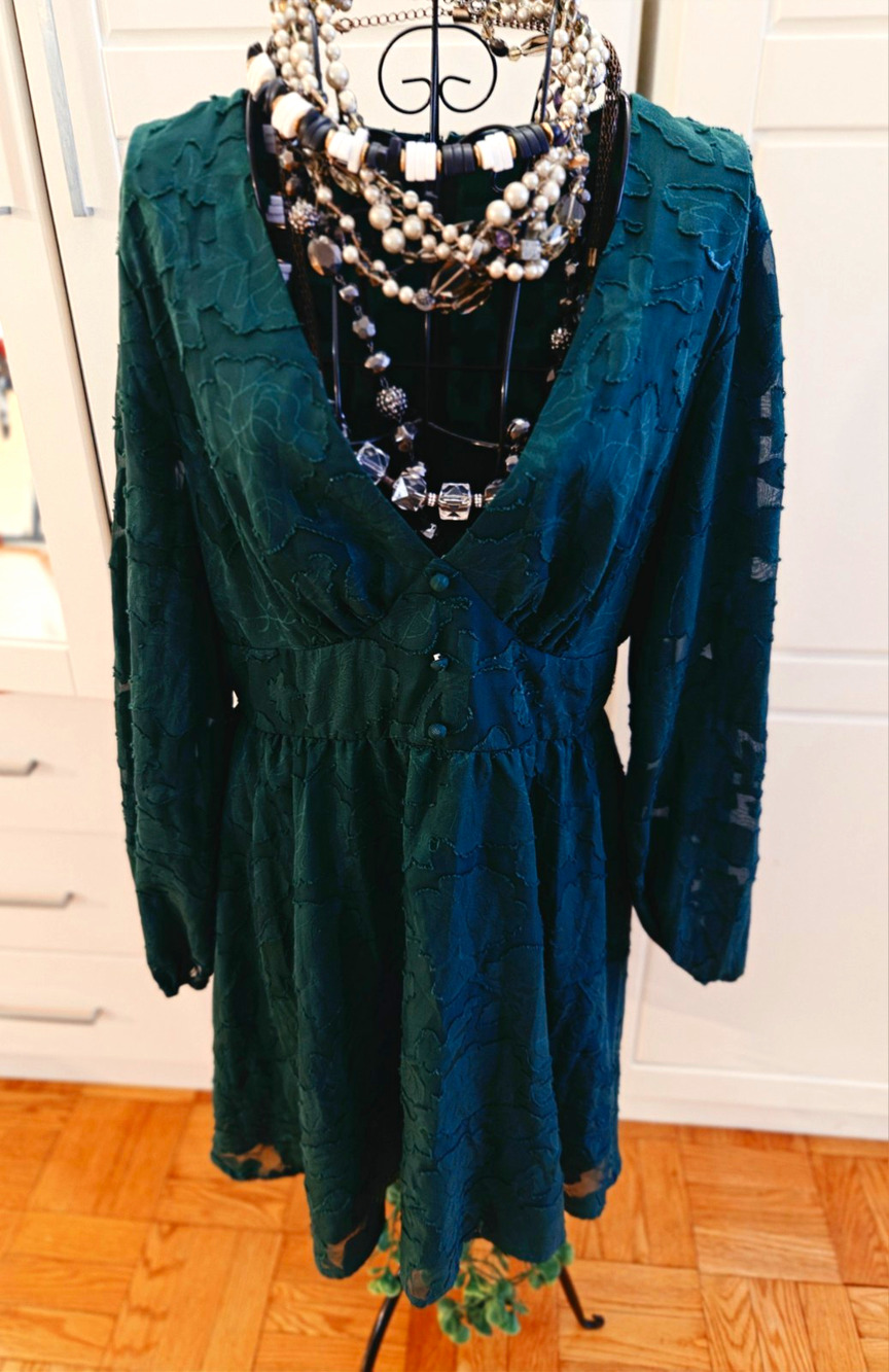 CUPSHE Sz L Green Floral Lace Sheer Mini Dress Long Sleeve V-Neck Tie Waist